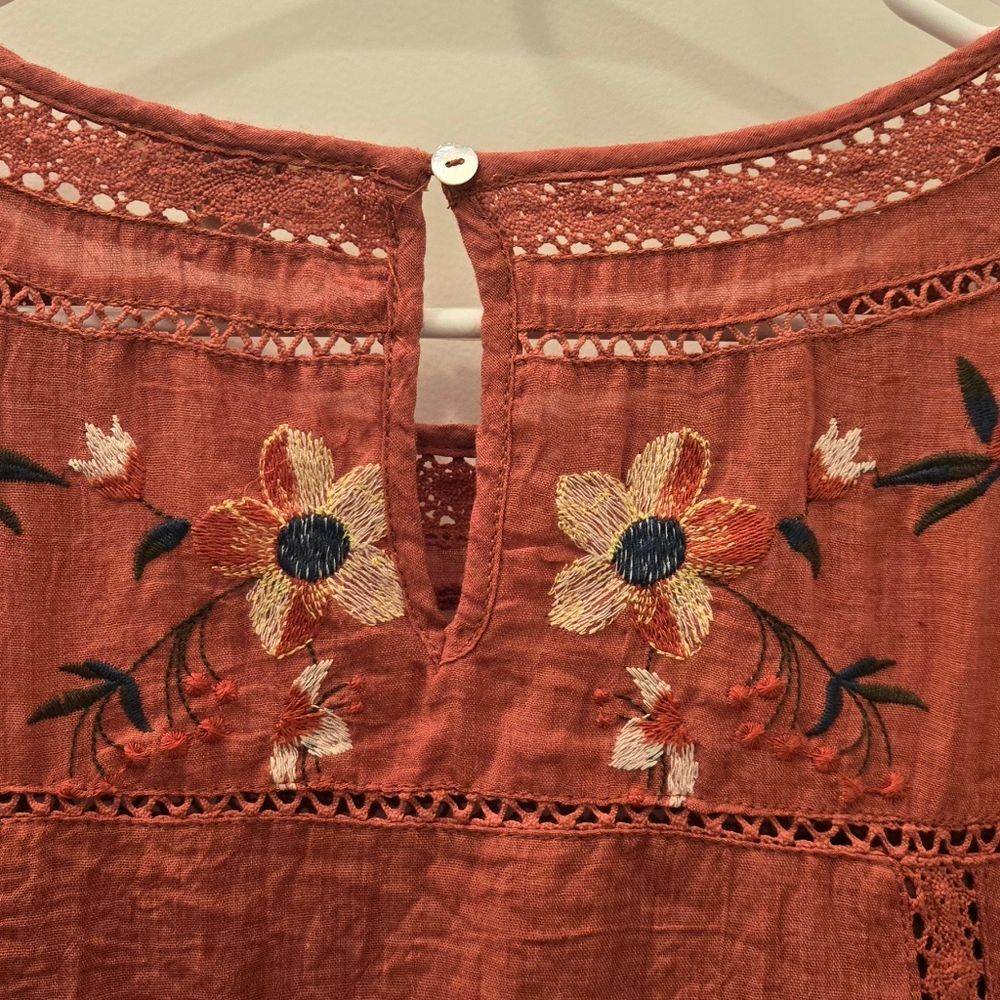 Umgee terracotta Embroidered Boho Style Ruched Mini Dress with Bishop Sleeves - Picture 6 of 6